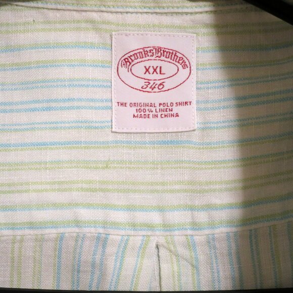 Brooks Brothers Shirt Mens 2XL Short Sleeve Button Linen White Green Striped - Picture 3 of 5